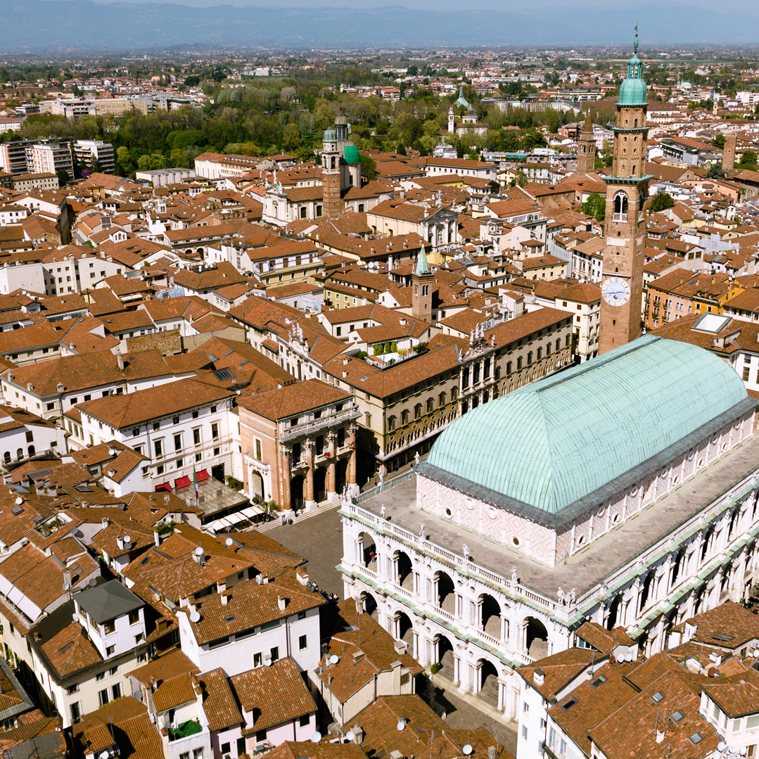 Aerial view of a small Italian town on a sunny day